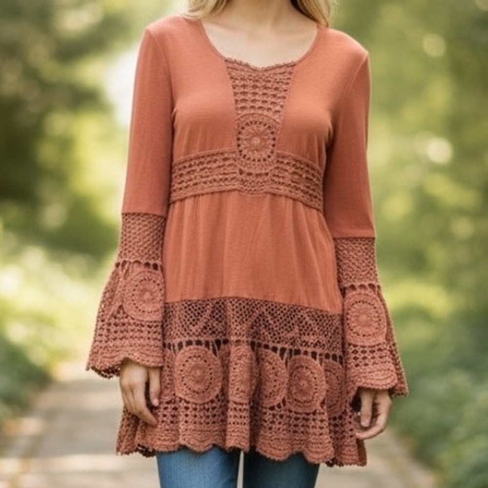 Terracotta Rust Cotton‎ Crochet Boho Festival Lace Bell Sleeve Top Small NWT